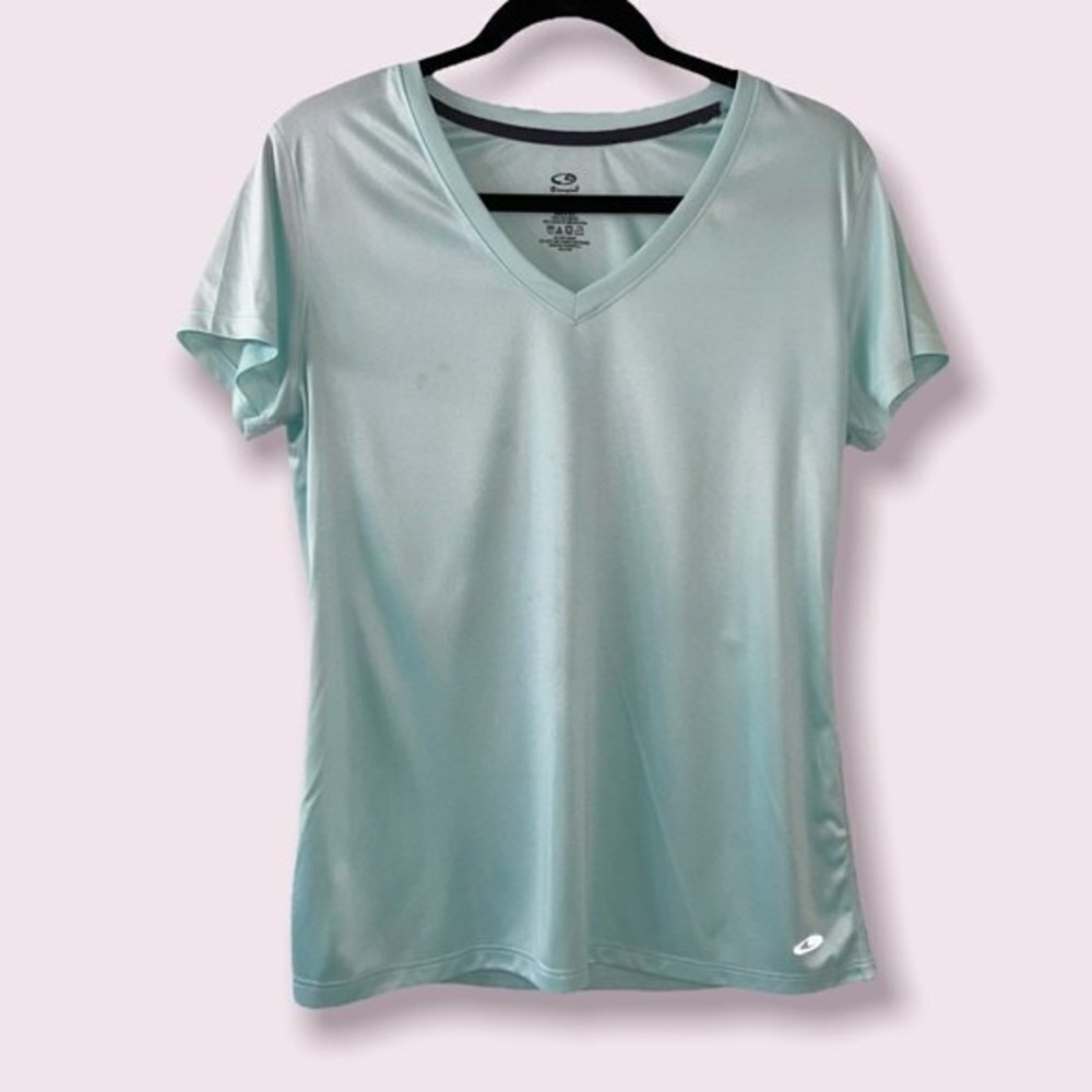 Champion Short Sleeve Shirt Light Blue Athleisure V Neck Comfy Womens Size Large